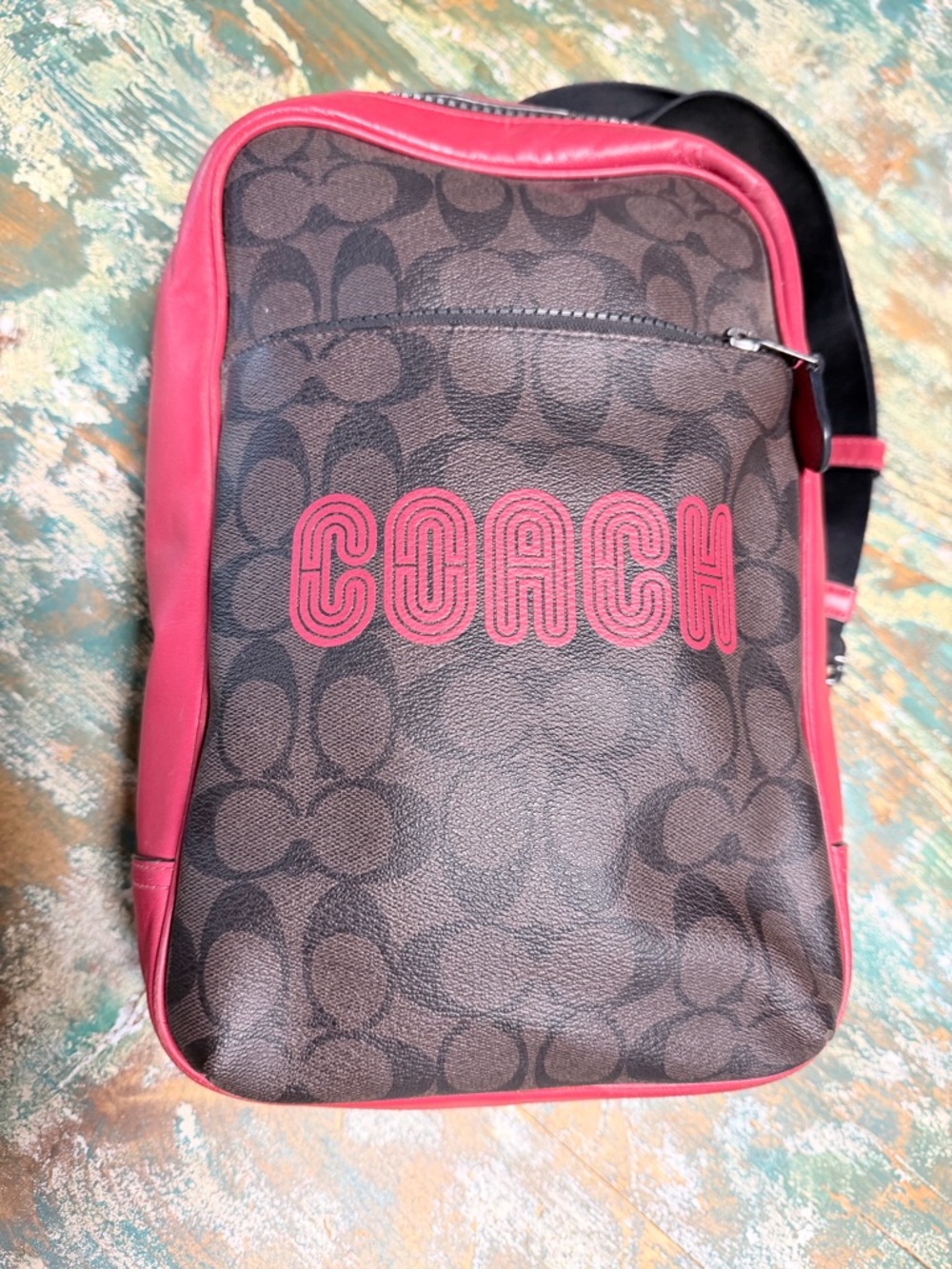 Coach Brown Canvas Crossbody with Pink Trim